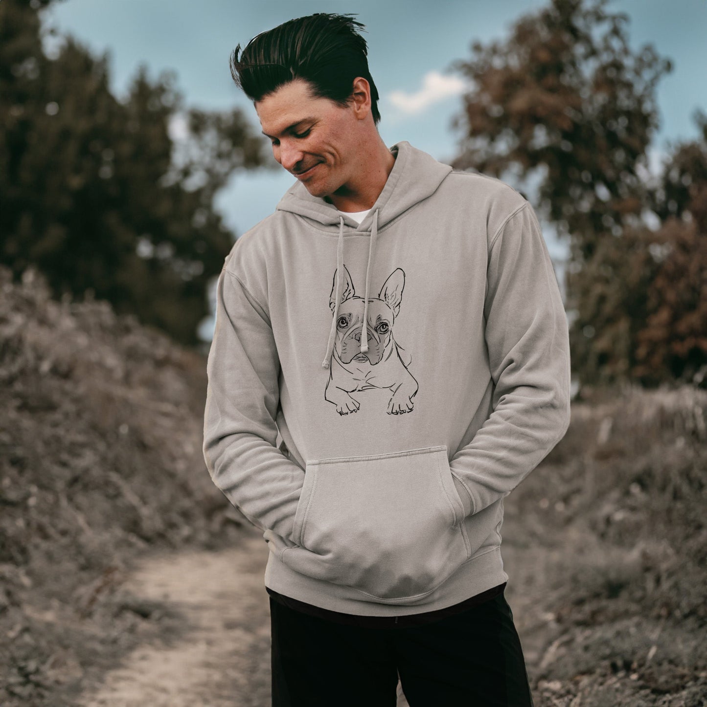 Doodled Buster the French Bulldog - Unisex Pigment Dyed Hoodie