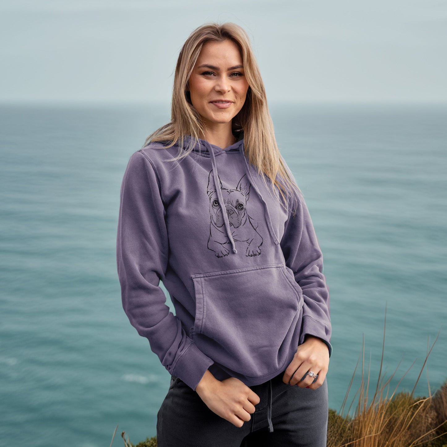 Doodled Buster the French Bulldog - Unisex Pigment Dyed Hoodie