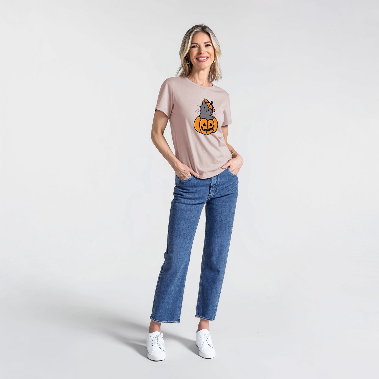 Pumpkin Cat - Black Cat - Women's Lightweight Relaxed Fit 100% Cotton Crewneck