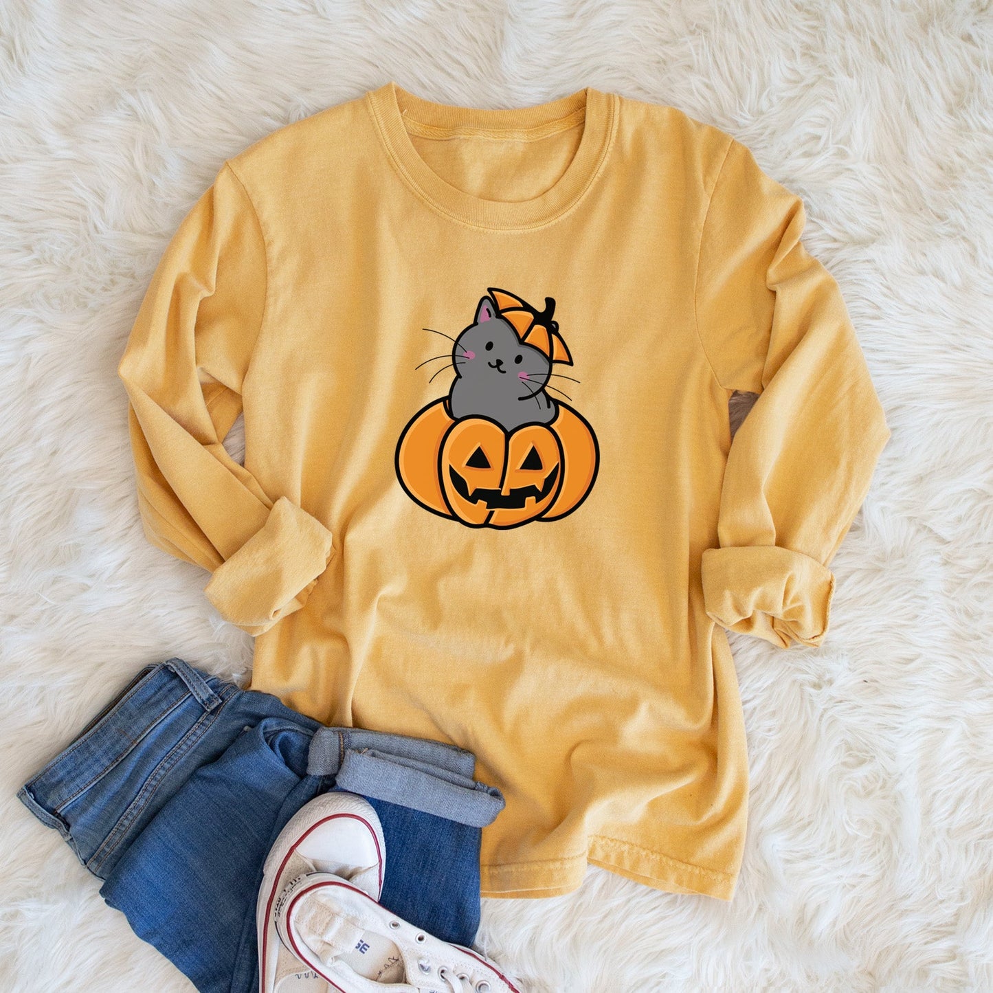 Pumpkin Cat - Black Cat - Heavyweight 100% Cotton Long Sleeve