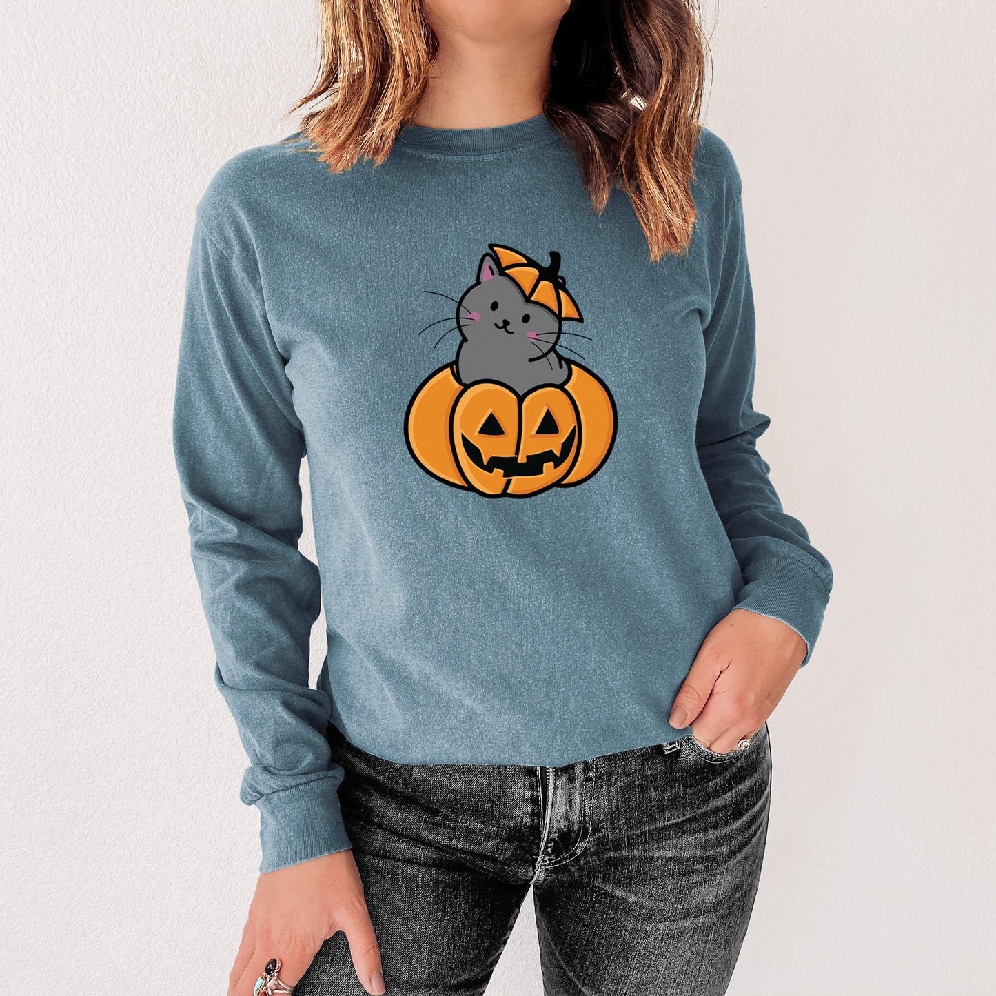 Pumpkin Cat - Black Cat - Heavyweight 100% Cotton Long Sleeve