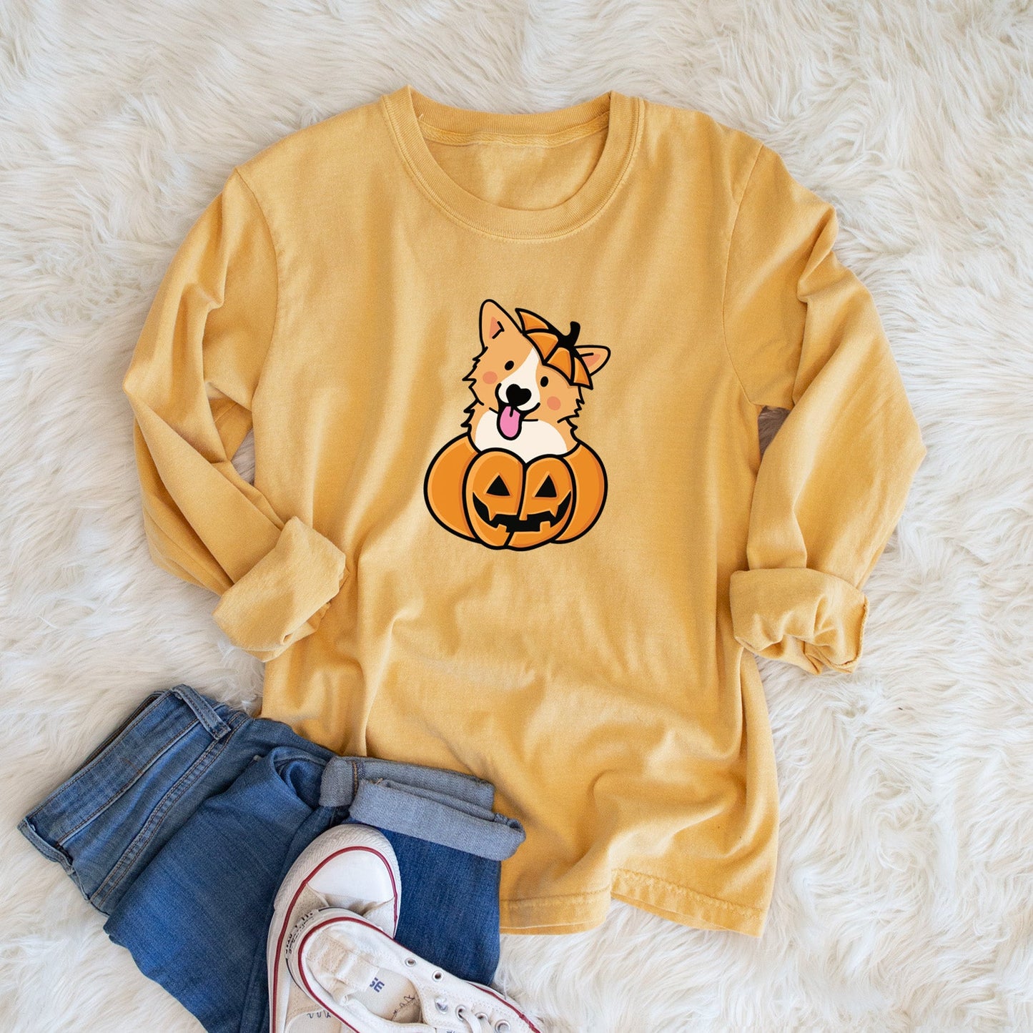Pumpkin Pup - Corgi - Heavyweight 100% Cotton Long Sleeve