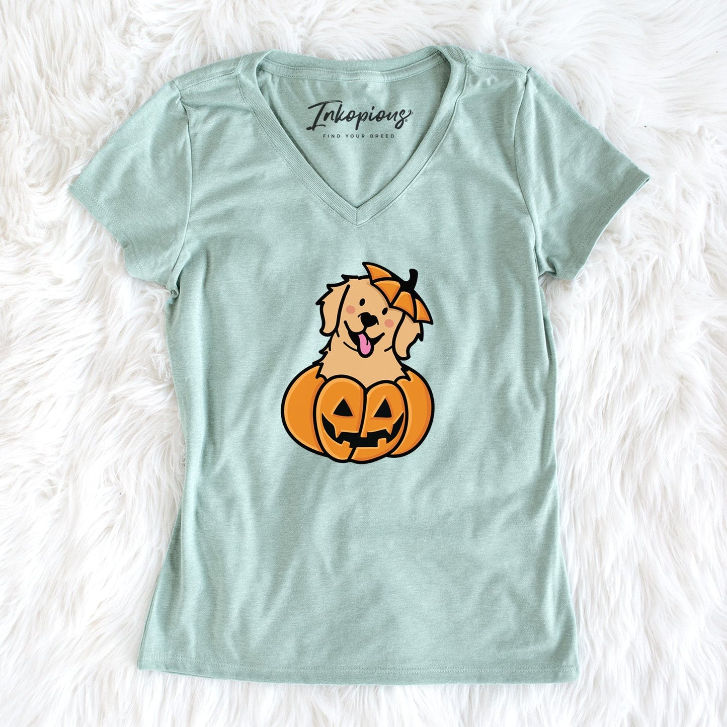 Pumpkin Pup - Golden Retriever - Women's Perfect V-neck Shirt