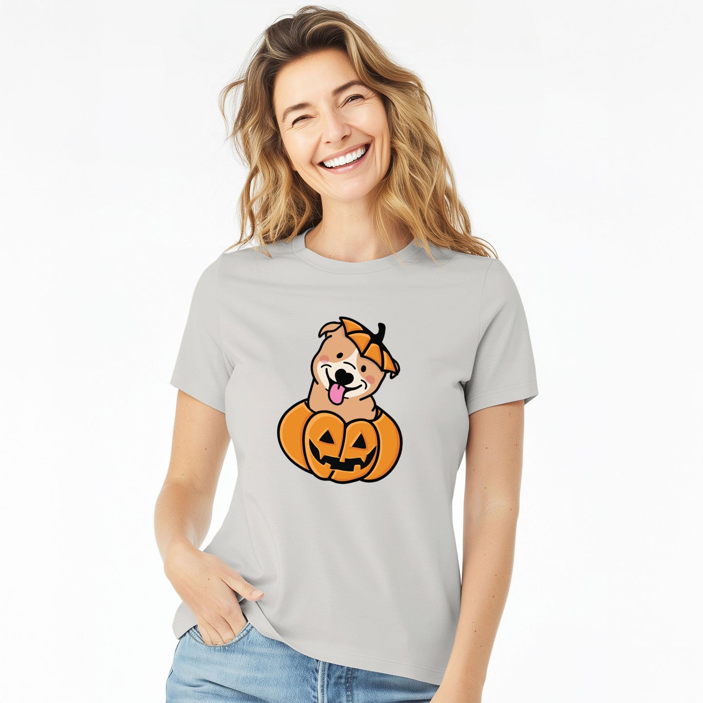 Pumpkin Pup - Pitbull - Women's Lightweight Relaxed Fit 100% Cotton Crewneck