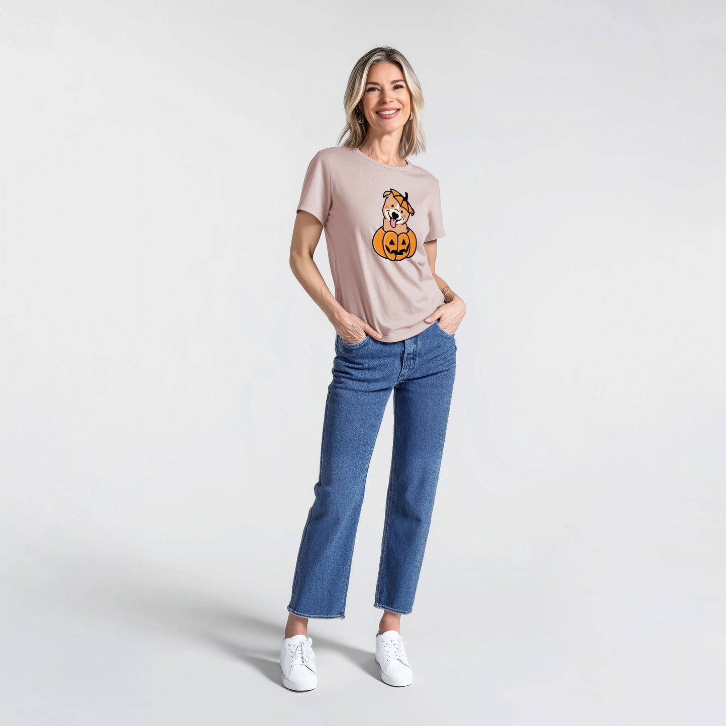 Pumpkin Pup - Pitbull - Women's Lightweight Relaxed Fit 100% Cotton Crewneck