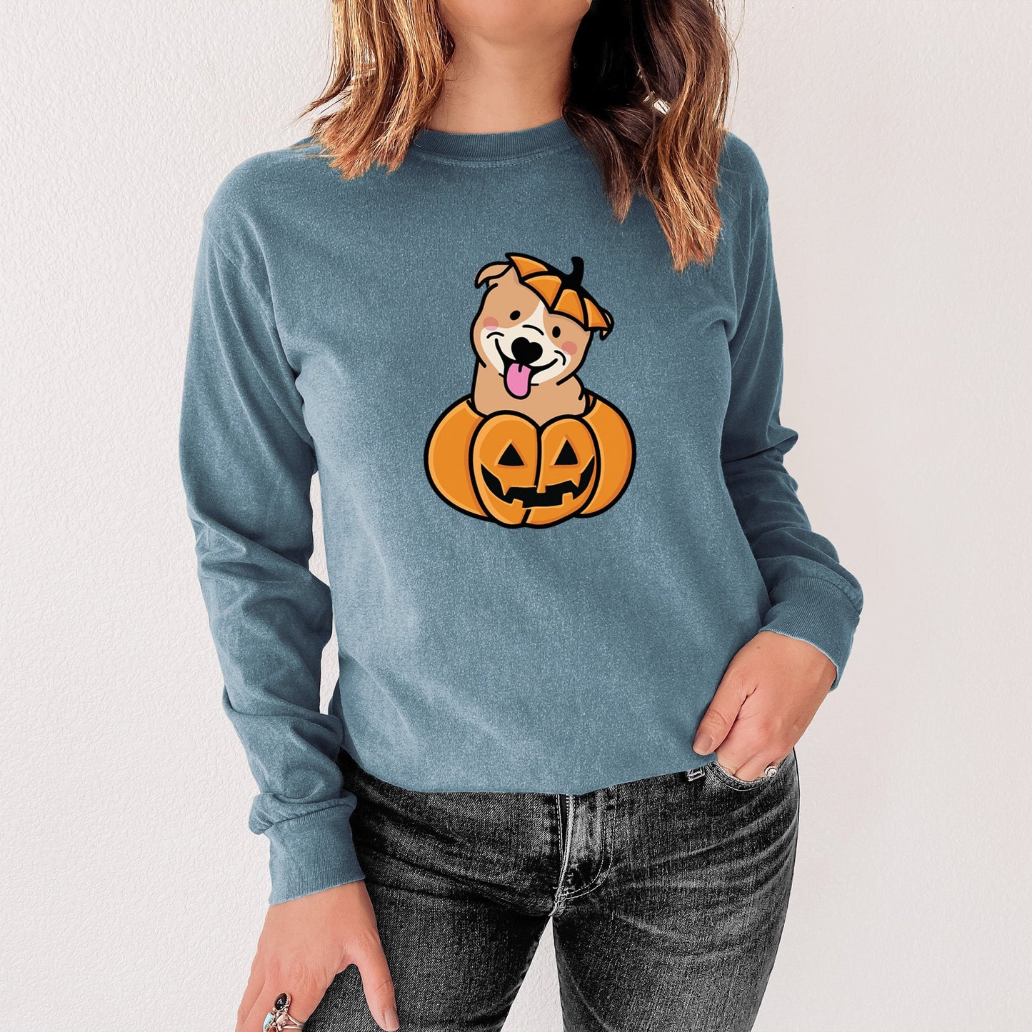 Pumpkin Pup - Pitbull - Heavyweight 100% Cotton Long Sleeve