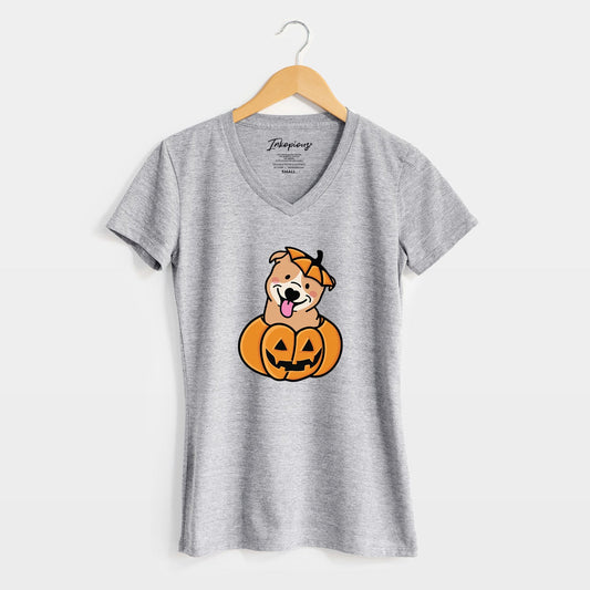 Pumpkin Pup - Pitbull - Women's Perfect V-neck Shirt