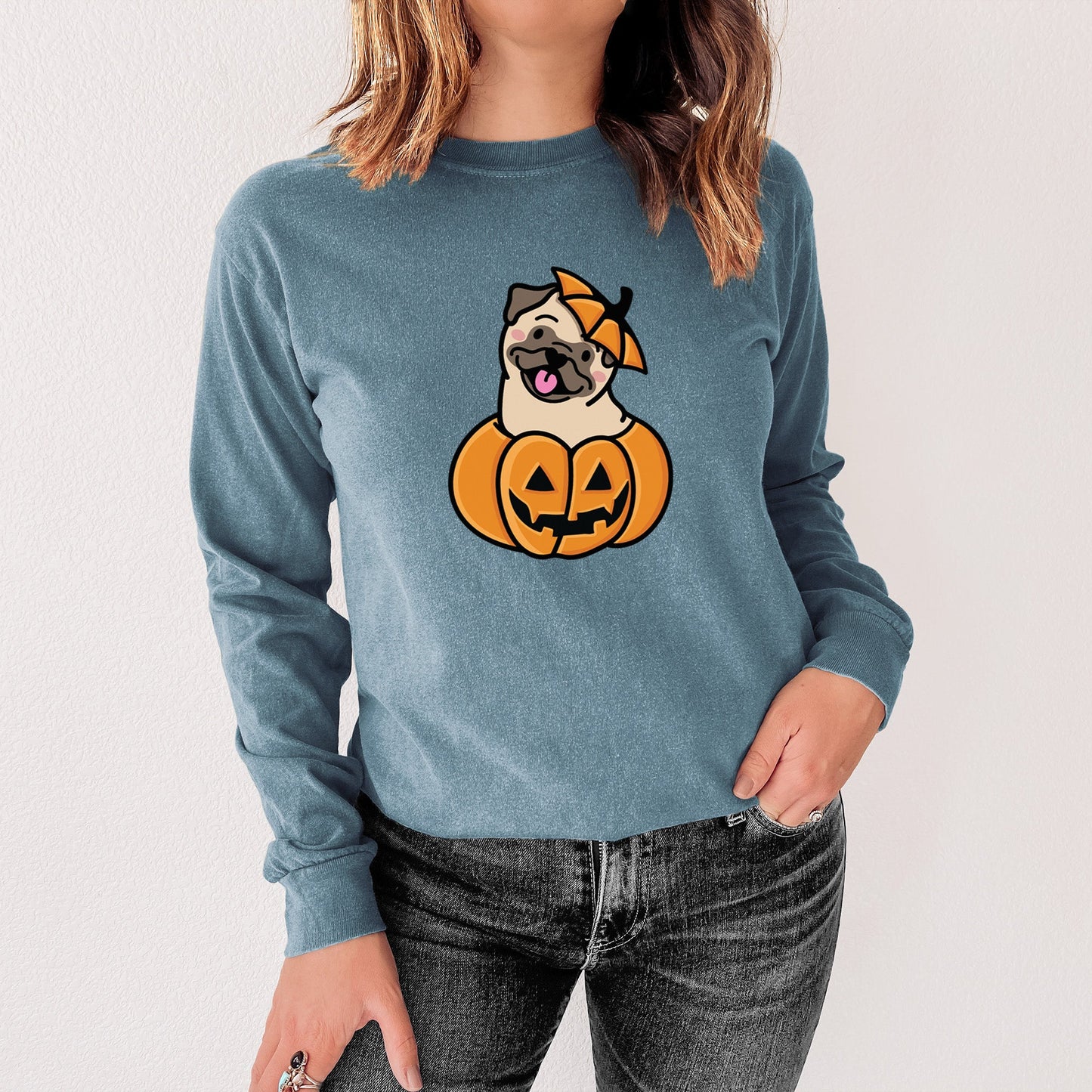 Pumpkin Pup - Pug - Heavyweight 100% Cotton Long Sleeve