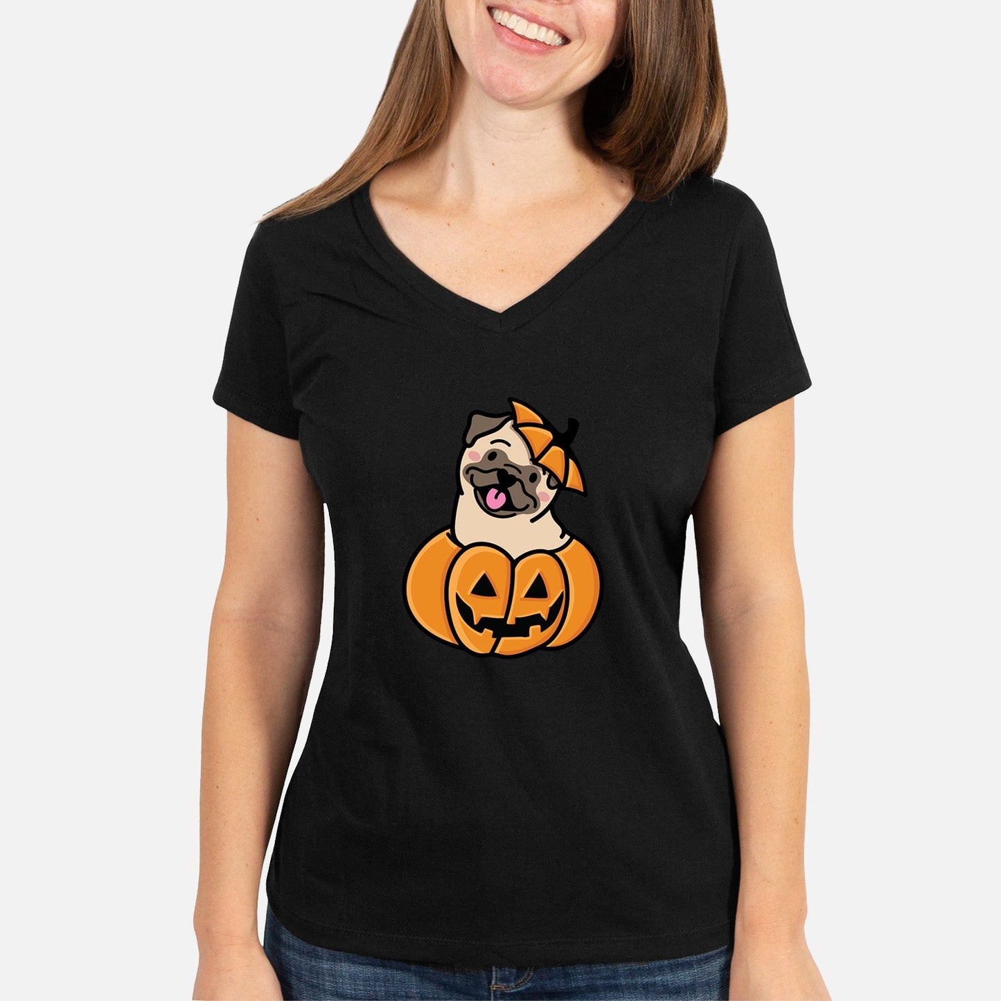 Pumpkin Pup - Pug - Women's Perfect V-neck Shirt