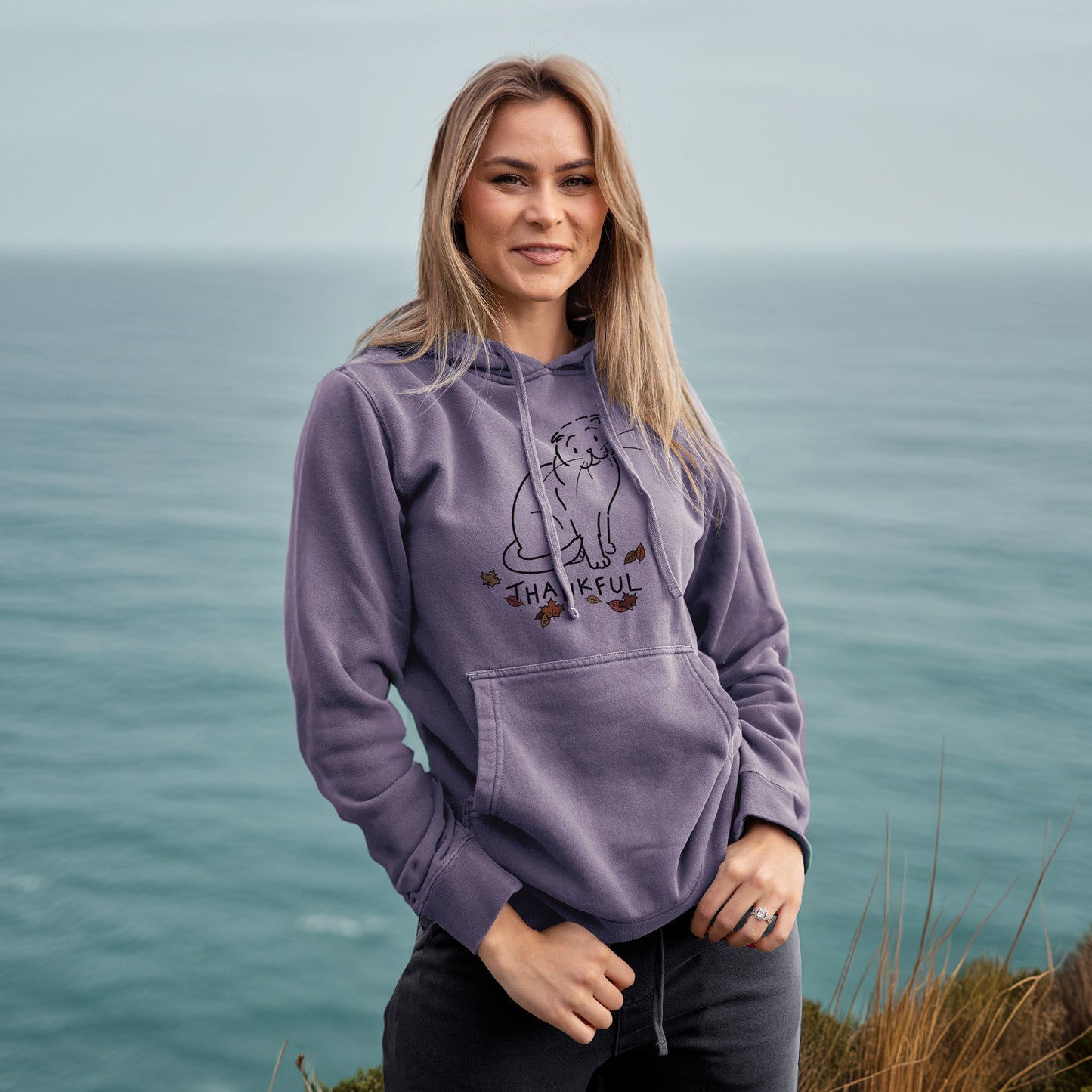 Thankful Scottish Fold Cat - Hank - Unisex Pigment Dyed Hoodie