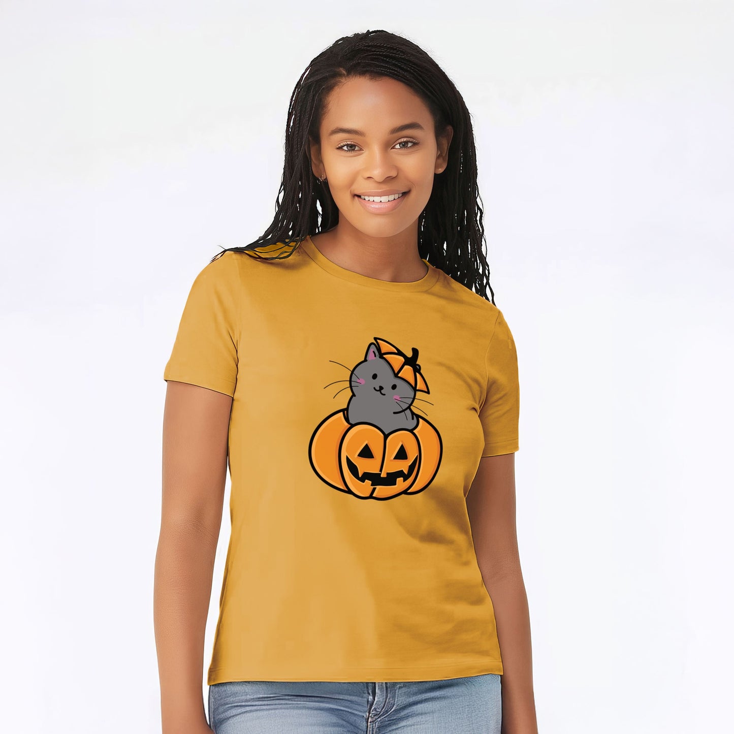 Pumpkin Cat - Black Cat - Women's Lightweight Relaxed Fit 100% Cotton Crewneck
